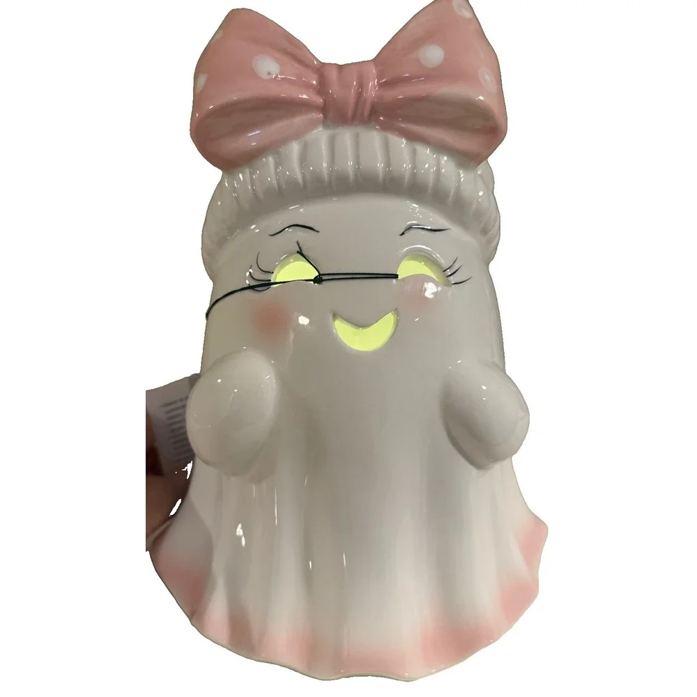 Goblin & Ghoul Ceramic Light Up Ghost Figurine Pink Bow Polka Dot Halloween 10